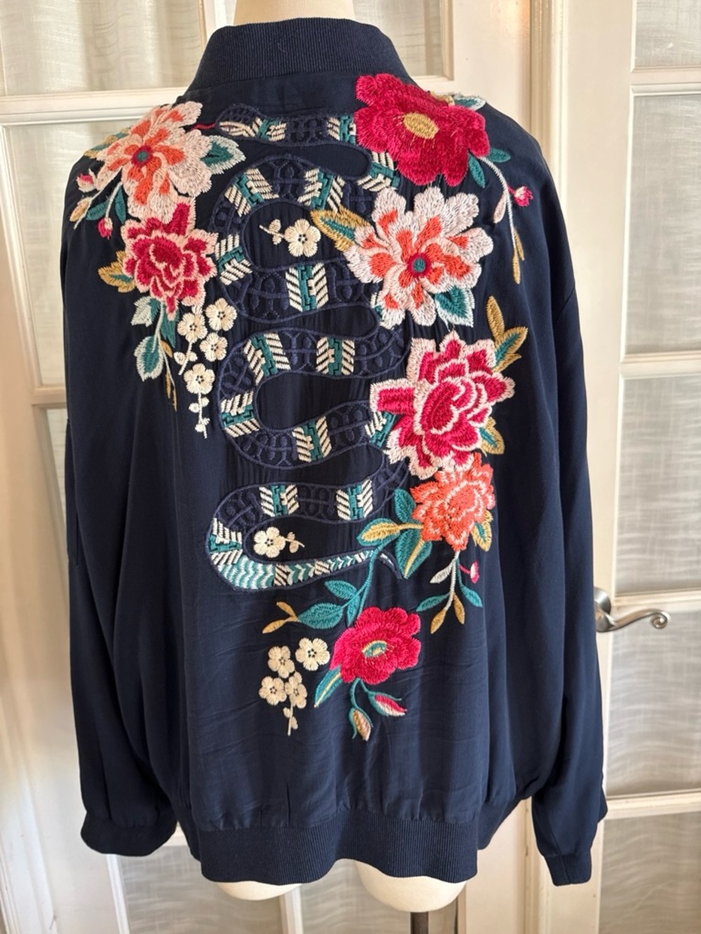Johnny Was Navy Bomber Jacket with Multicolor Floral Embroidery